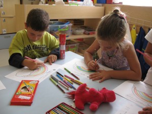 Children learning English in a classroom